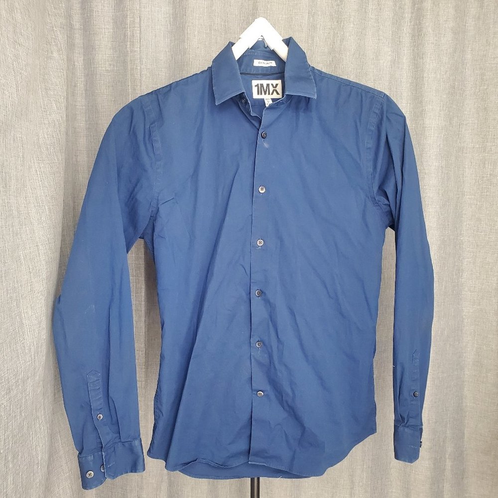 Express 1MX Men's Extra Slim Fit Button Up Navy Long Sleeve Size Large 15-15.5